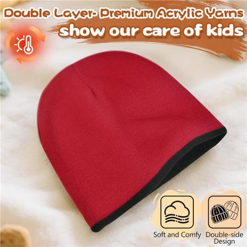 2 Pack Kids Knit Beanie Boys Girls Beanies- Kids Winter Reversible Beanie Hats - Picture 2 of 5